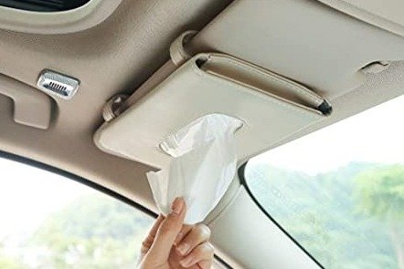 tissue holder on car sunvisor for storage